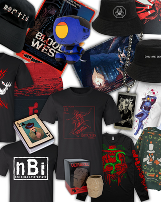 Collection of merchandise including t-shirts, hats, and figurines with various designs and branding.